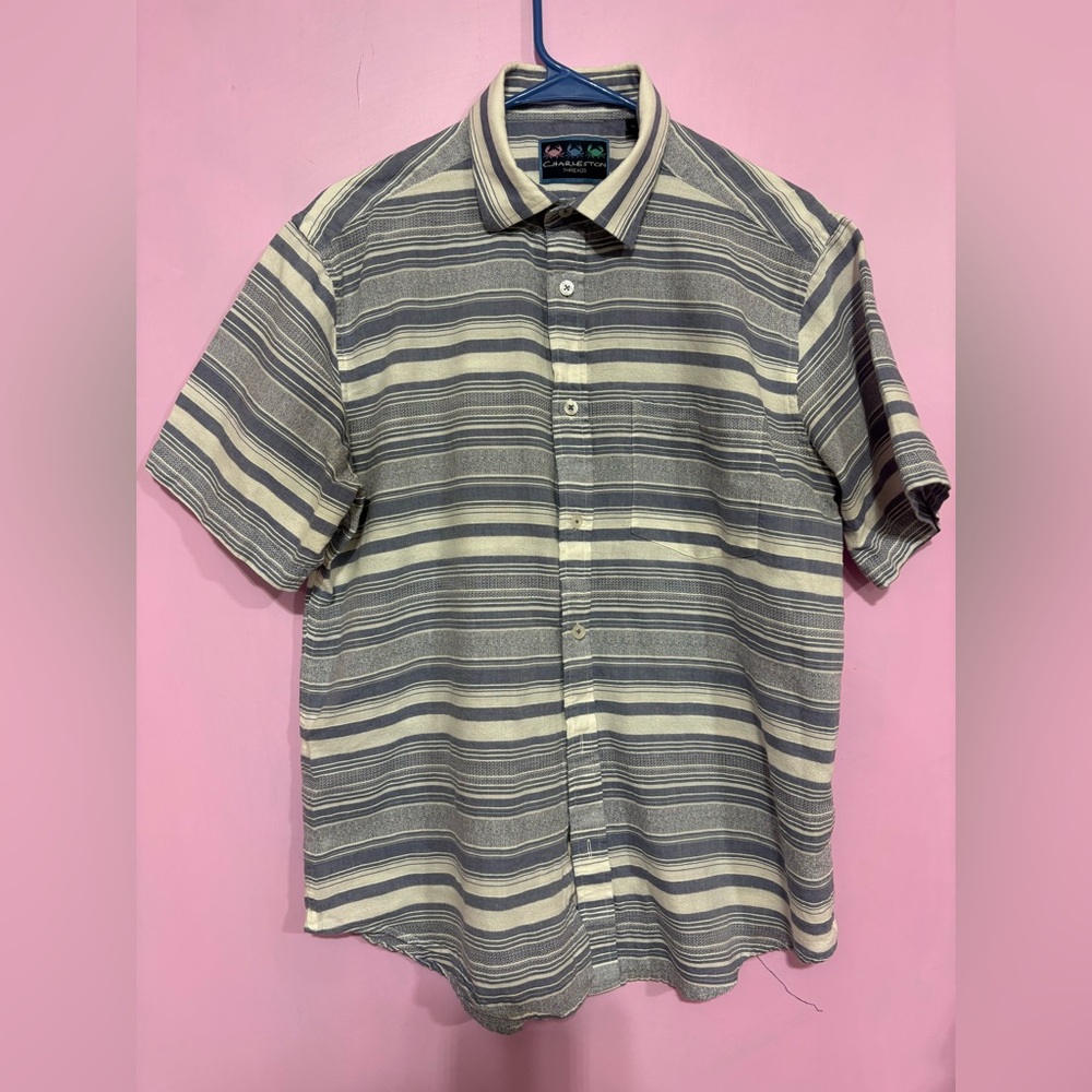 Men's Short-Sleeve Striped Button-Down Shirt - Cream & Blue